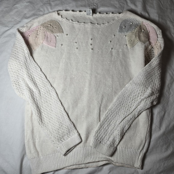 Vtg Sweater Pastel Leaves M  Faux Pearls‎  80s 90s Unbranded - Picture 9 of 13